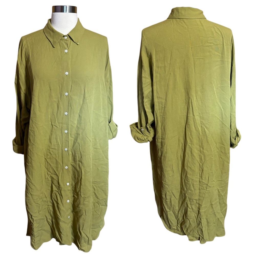 LCW Vision Green Linen Blend Longline Roll Tab Sleeve Button Down Shirt Dress 8